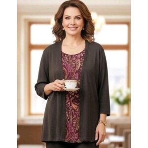 Studio 1940 Twinset Top Womens Sz 18/20 Brown Paisley Print Cardigan Grandmacore